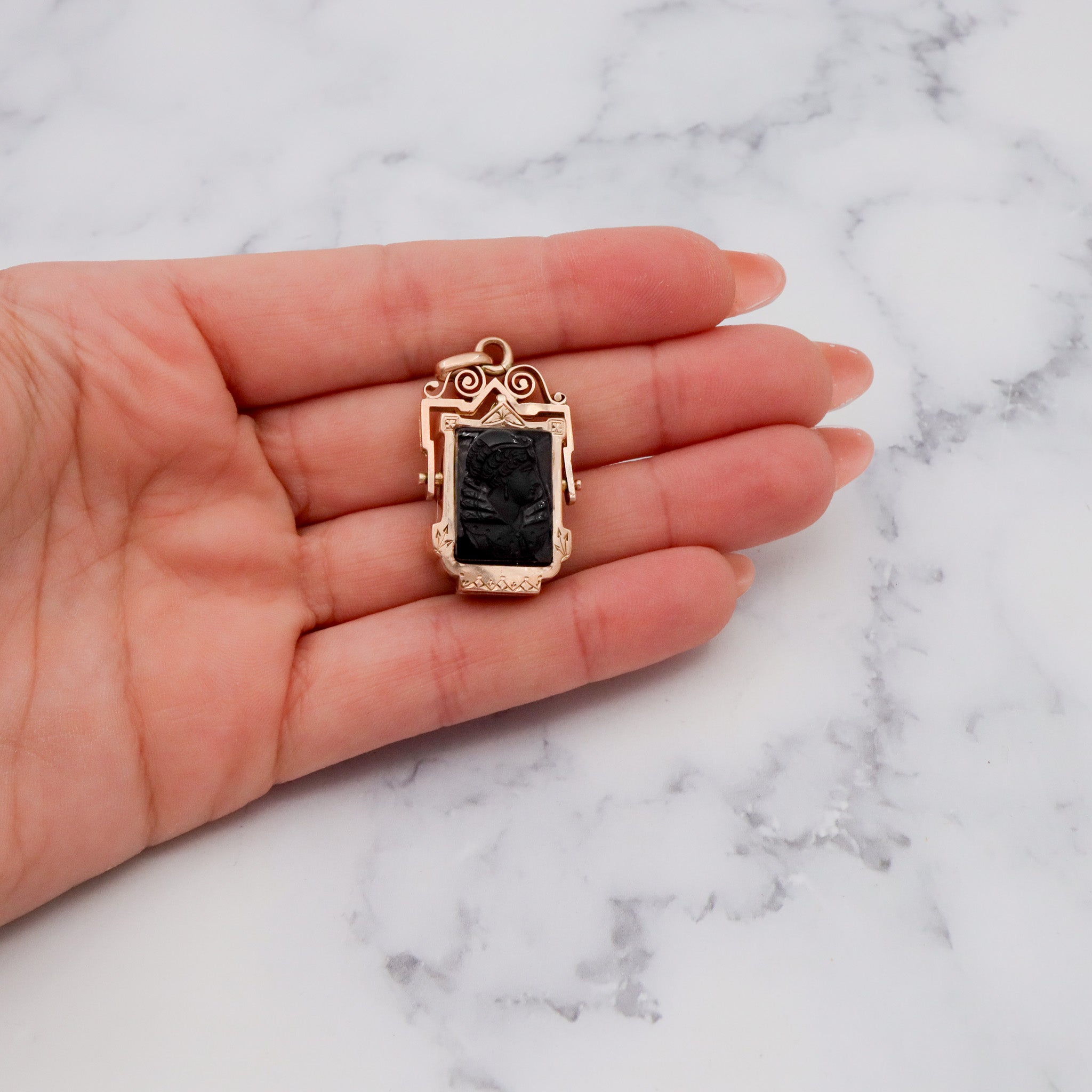 Antique Aesthetic Period 14k gold Queen Victoria hardstone carved cameo double sided flip locket pendant